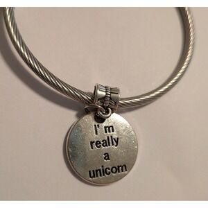 Silver Tone Cable Wire Bangle Bracelet I'm Really A Unicorn Charm